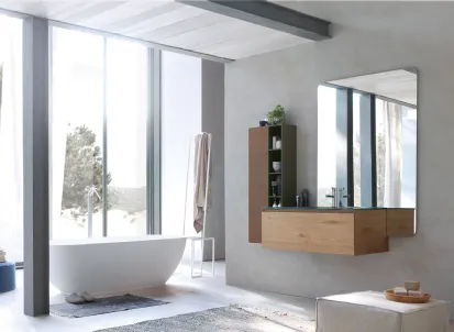 Mobile da Bagno sospeso La Fenice 12 in rovere nodato naturale con top in cristallo extralight Verde bosco con lavabo integrato di Arcom