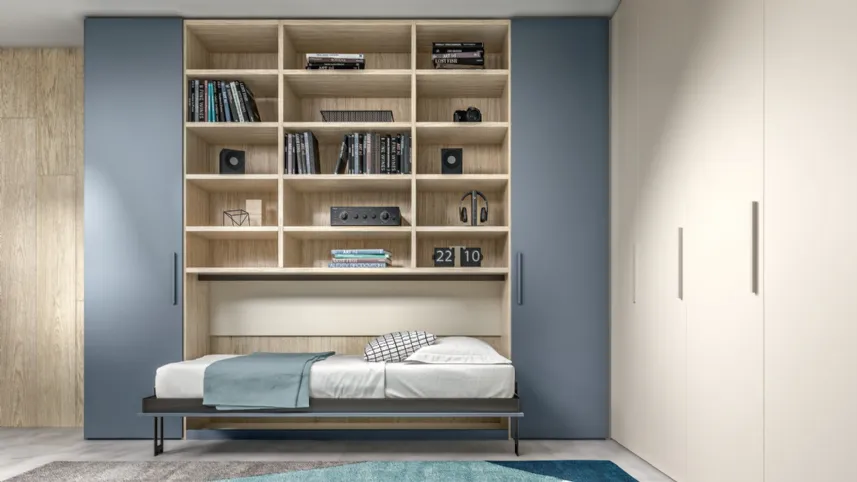 Cameretta salvaspazio SET Y05 con letto aperto in melaminico e laccato di Siloma