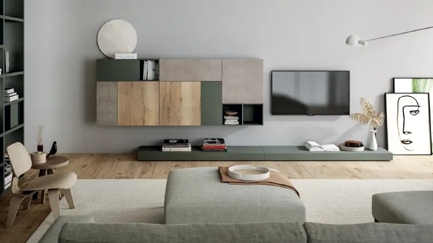 Parete Attrezzata Line Up 16 con finitura in nobilitato design vintage e concrete e laccato opaco roccia di Dielle Modus