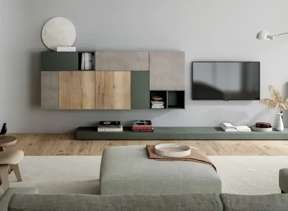 Parete Attrezzata Line Up 16 con finitura in nobilitato design vintage e concrete e laccato opaco roccia di Dielle Modus