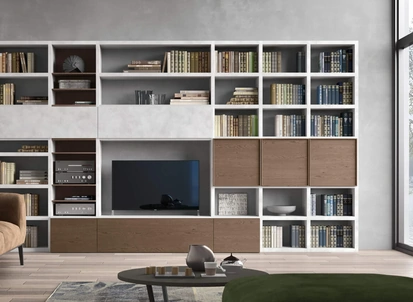 Parete Attrezzata Sistema Spalla Comp SA2222 in melaminico cemento Grigio e impiallacciato Nocciola di Maronese