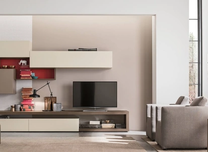 Parete Attrezzata Unix Comp SU2110 in essenza Olmo Tabacco e laccato Cashmere di Maronese