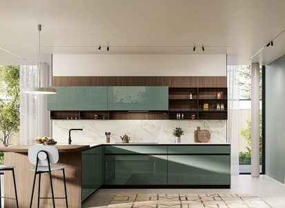 Cucina Moderna con penisola Altea Composizione 01 in vetro verde aloe di Prima Cucine