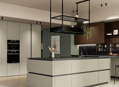 Cucina Moderna con penisola Altea Composizione 02 in vetro opaco di Prima Cucine