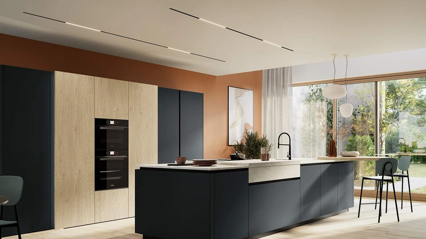 Cucina Moderna con isola Altea Composizione 03 in vetro nero opaco di Prima Cucine