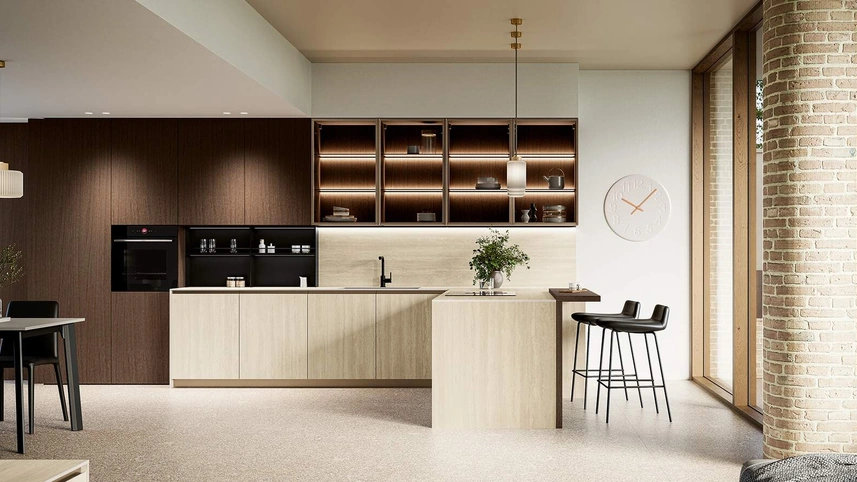 Cucina Moderna con penisola Altea Composizione 04 in laminam e legno di Prima Cucine