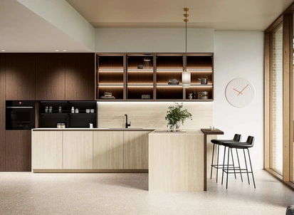 Cucina Moderna con penisola Altea Composizione 04 in laminam e legno di Prima Cucine