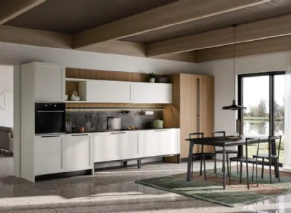 Cucina Moderna lineare Clio Composizione 05 in Pet bianco e laminato rovere di Prima Cucine