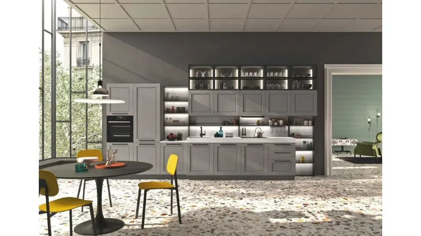 Cucina Moderna lineare in legno laccato platino e top in HPL Cloe 02 di Ar-Tre