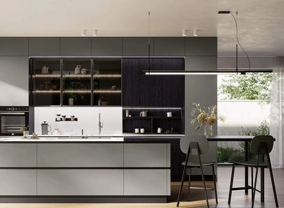 Cucina Moderna con isola Domino Composizione 07 in laccato grigio ferro e melaminico rovere nero di Prima Cucine