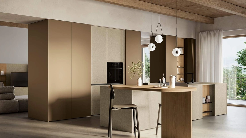Cucina Moderna con penisola Domino Composizione 01 in laccato caramello di Prima Cucine