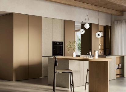 Cucina Moderna con penisola Domino Composizione 01 in laccato caramello di Prima Cucine