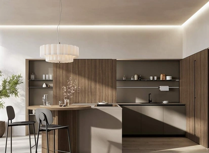 Cucina Moderna con penisola Domino Composizione 08 in melaminico metallico polvere argilla e melaminico noce Canaletto di Prima Cucine