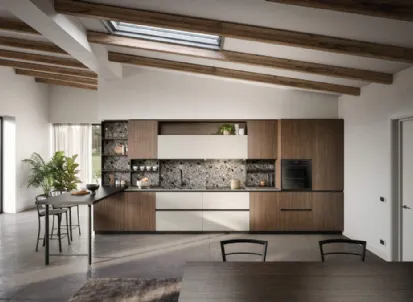 Cucina Moderna lineare con penisola Zoe Composizione 06 in melaminico noce e HPL canapa di Prima Cucine